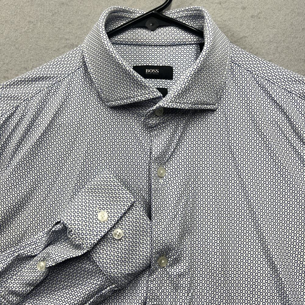 Hugo Boss Mens Large Slim‎ Fit Performance Dress Shirt Blue Geometric Print